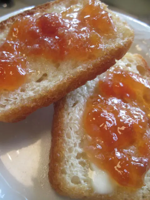English Muffin Bread toasted with butter and marmalade jam