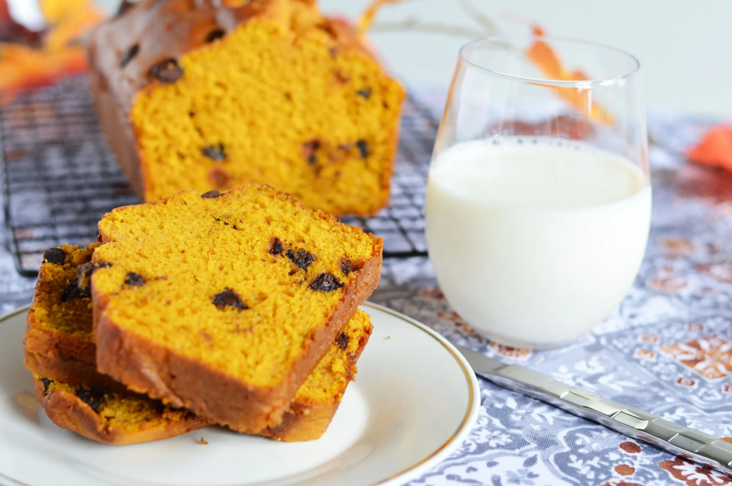 Chocolate Chunk Pumpkin Bread sliced with glass of milk