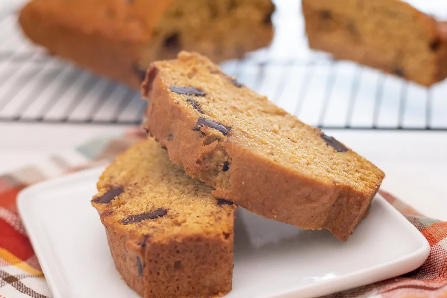 2 slices chocolate chunk pumpkin bread