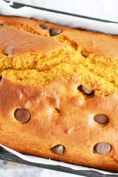 full loaf of 1 1/2 cups flour 1/2 teaspoon salt 1 cup sugar 1 teaspoon baking soda 1/2 teaspoon cinnamon 1/4 teaspoon freshly ground nutmeg 1/4 teaspoon allspice 1 cup canned pumpkin 1/2 cup butter, melted 2 eggs 1/4 cup milk 1 cup semi-sweet chocolate chunk chips