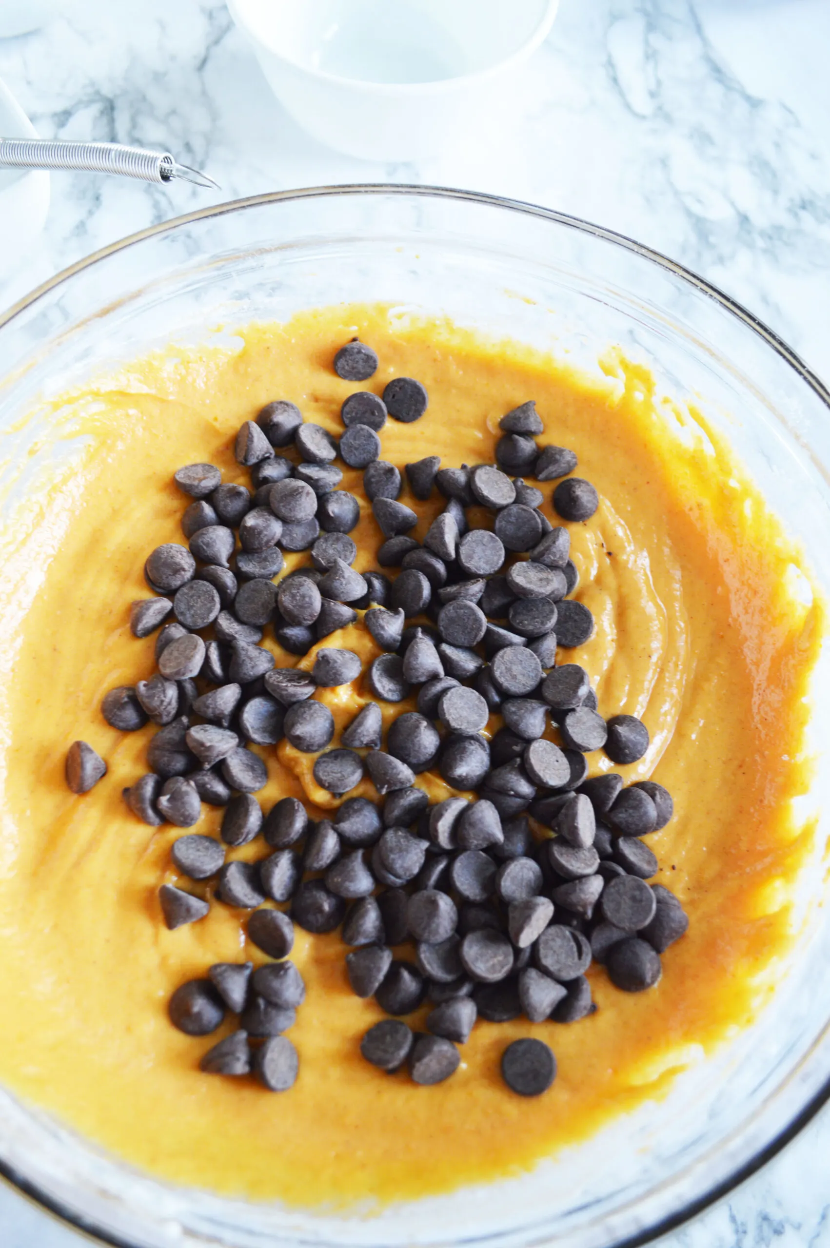 chocolate chunk pumpkin bread batter with chocolate