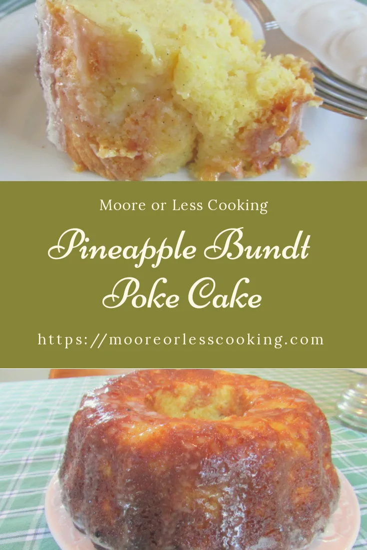 Pineapple Bundt Poke Cake pin slice of cake and full cake on white plate