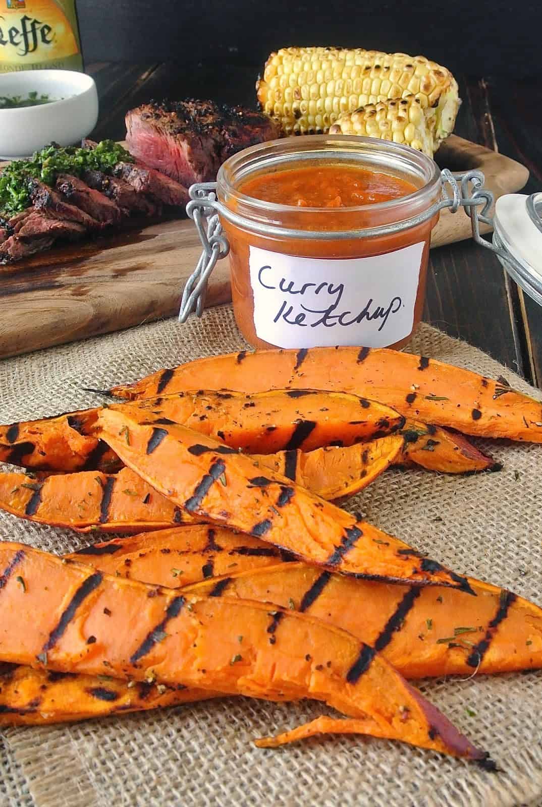 Grilled sweet potato wedges with curry ketchup