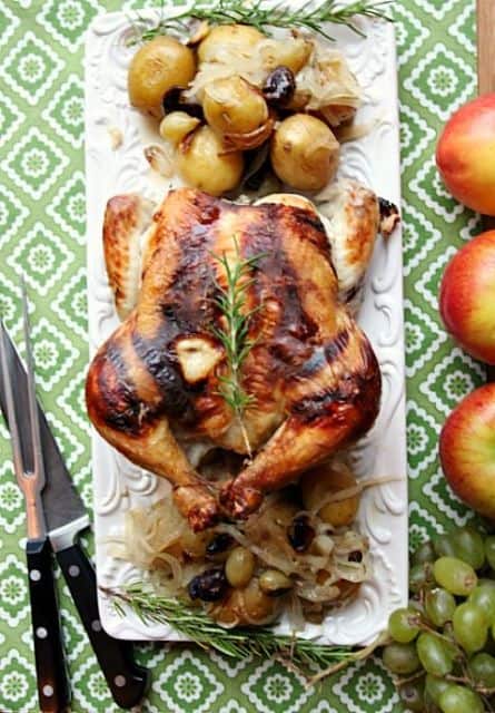 Healthy, Lowfat Rosemary Roast Chicken with Grapes, Olives and Onions