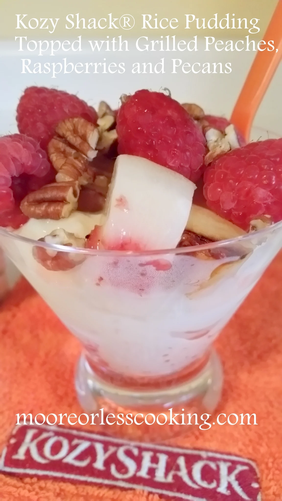 Kozyshack Rice Pudding Topped with Grilled Peaches, Raspberries and Pecans