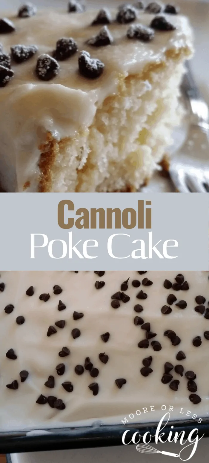 Cannoli Poke Cake. It's a light fluffy white cake filled with creamy mascarpone and ricotta frosting with mini chocolate chips sprinkled all over. #canollipokecake #cake #pokecake #dessert #mooreorlesscooking via @Mooreorlesscook