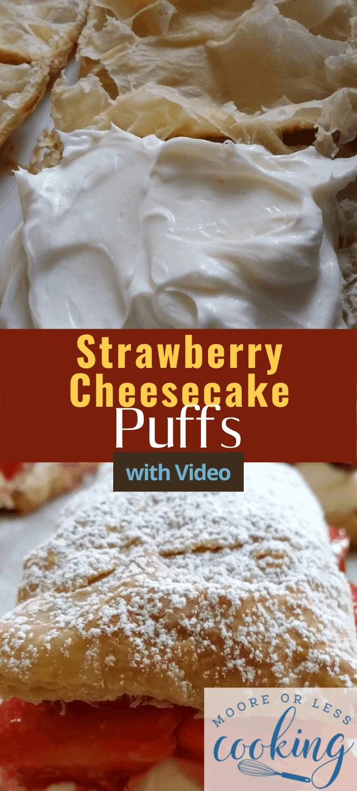 Strawberry cheesecake puffs combine the best of cheesecake and pastry puffs. These delicious treats are rich, flaky, buttery, and so good. via @Mooreorlesscook
