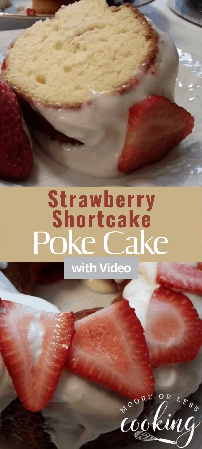 Moist delicious yellow bundt cake with fresh strawberries poking through and a cream cheese glaze topped with fresh berries. #strawberryshortcake #pokecake #cake #desserts #mooreorlesscooking via @Mooreorlesscook