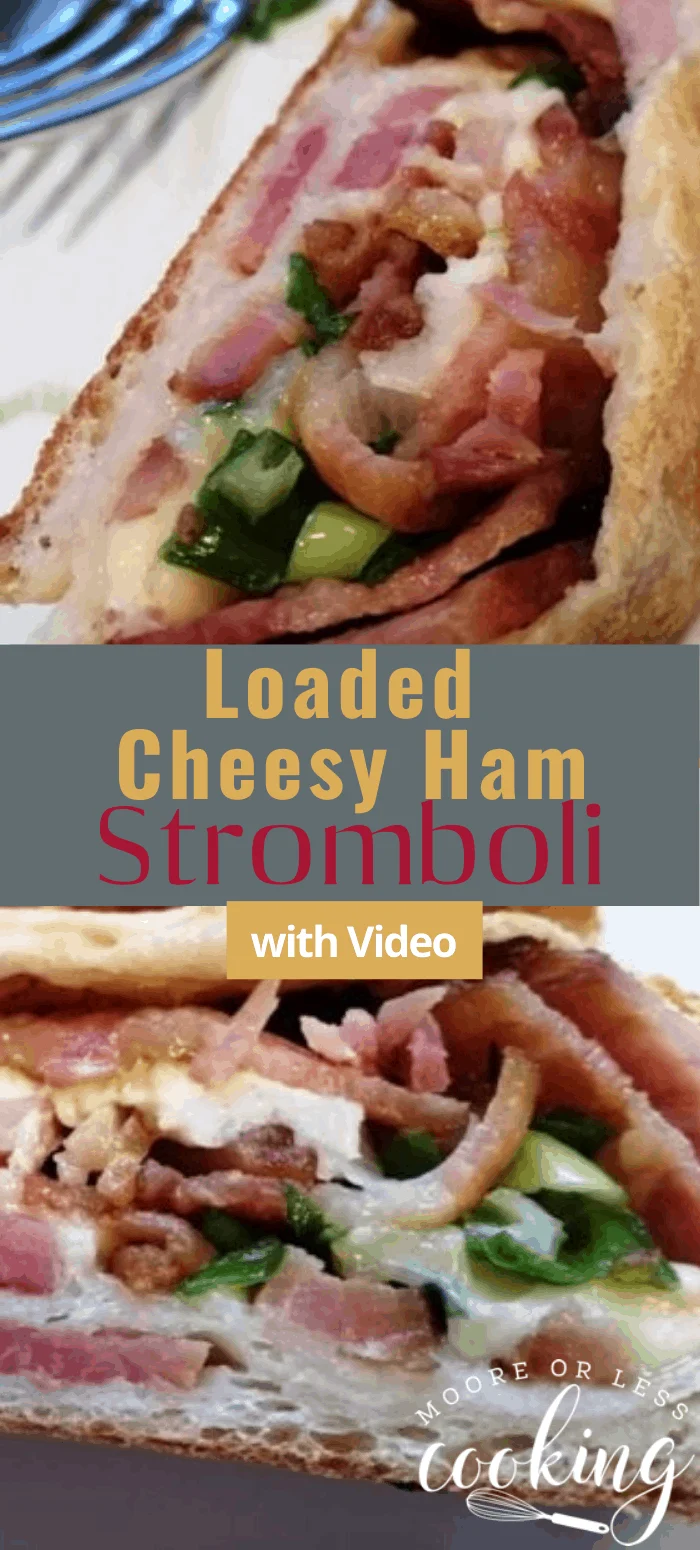 Delicious melted cheese, ham, bacon and green onion stromboli! Perfect for a weeknight or weekend dinner when you are pinched for time and are craving some Italian comfort food! via @Mooreorlesscook