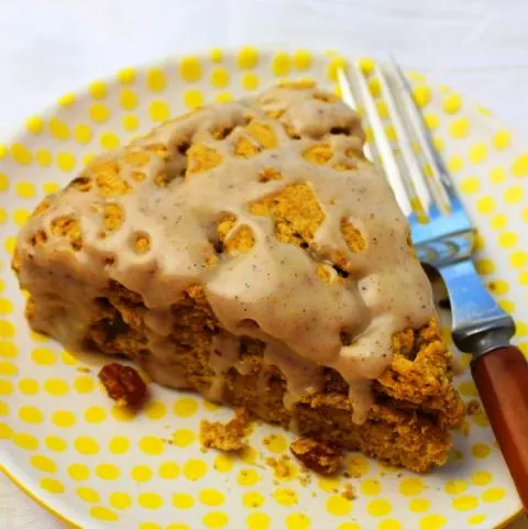 Pumpkin Raisin Scones Deliciously moist scones with autumn pumpkin flavors, raisins and a maple-cinnamon glaze. Get recipe here. Palatable Pastime