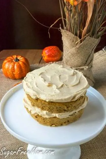 Sugar Free Pumpkin Spice Maple Cream Layered Mug Cake This mini layered cake is actually a mug cake made sugar-free, gluten free, grain free and low carb. It’s layered with sugar-free maple cream frosting between perfect pumpkin spice cake! Get recipe here. sugarfreemom.com