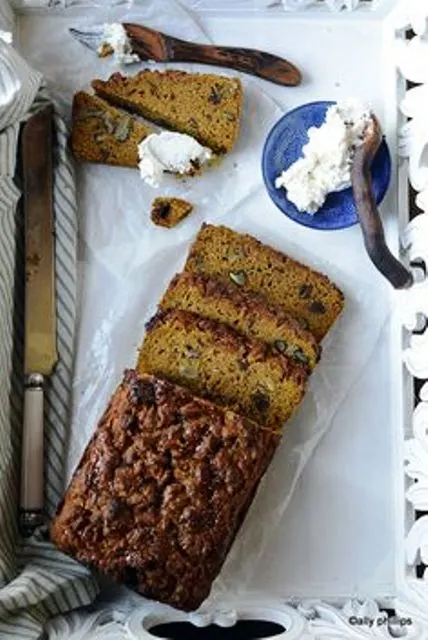 Pumpkin Fig Date Nut Bread This bread has rich beautiful hues and varying textues. Get recipe here. Ally's Kitchen