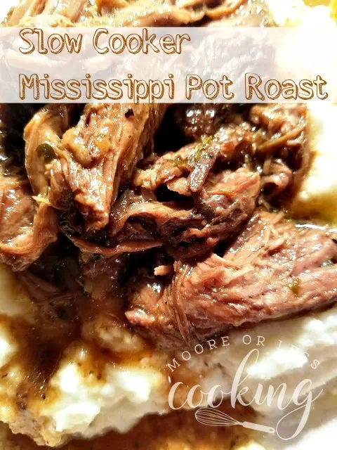 pin of Slow Cooker Mississippi Pot Roast over mashed potatoes