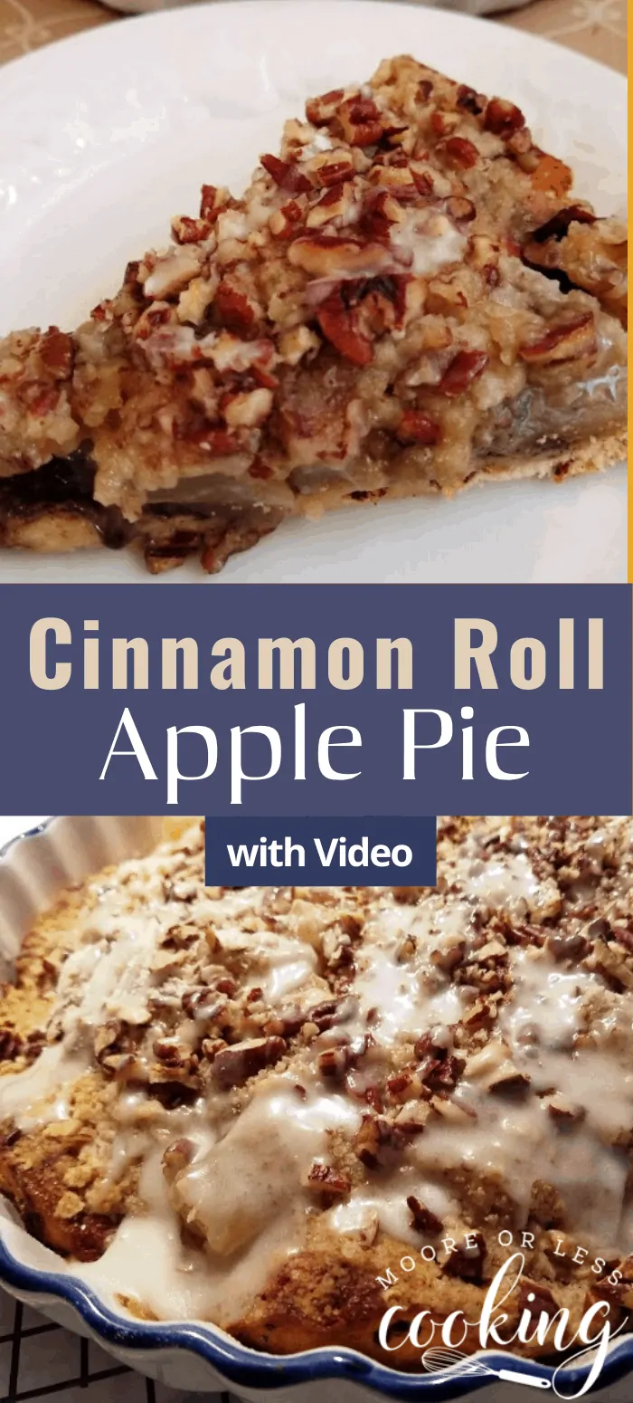 Cinnamon Roll Apple Pie: The only thing better than apple pie is apple pie with a cinnamon roll crust! This easy recipe only takes 20 minutes to prepare and can be served for breakfast or dessert or both! #mooreorlesscooking #applepie #cinnamonroll #dessert #easy via @Mooreorlesscook