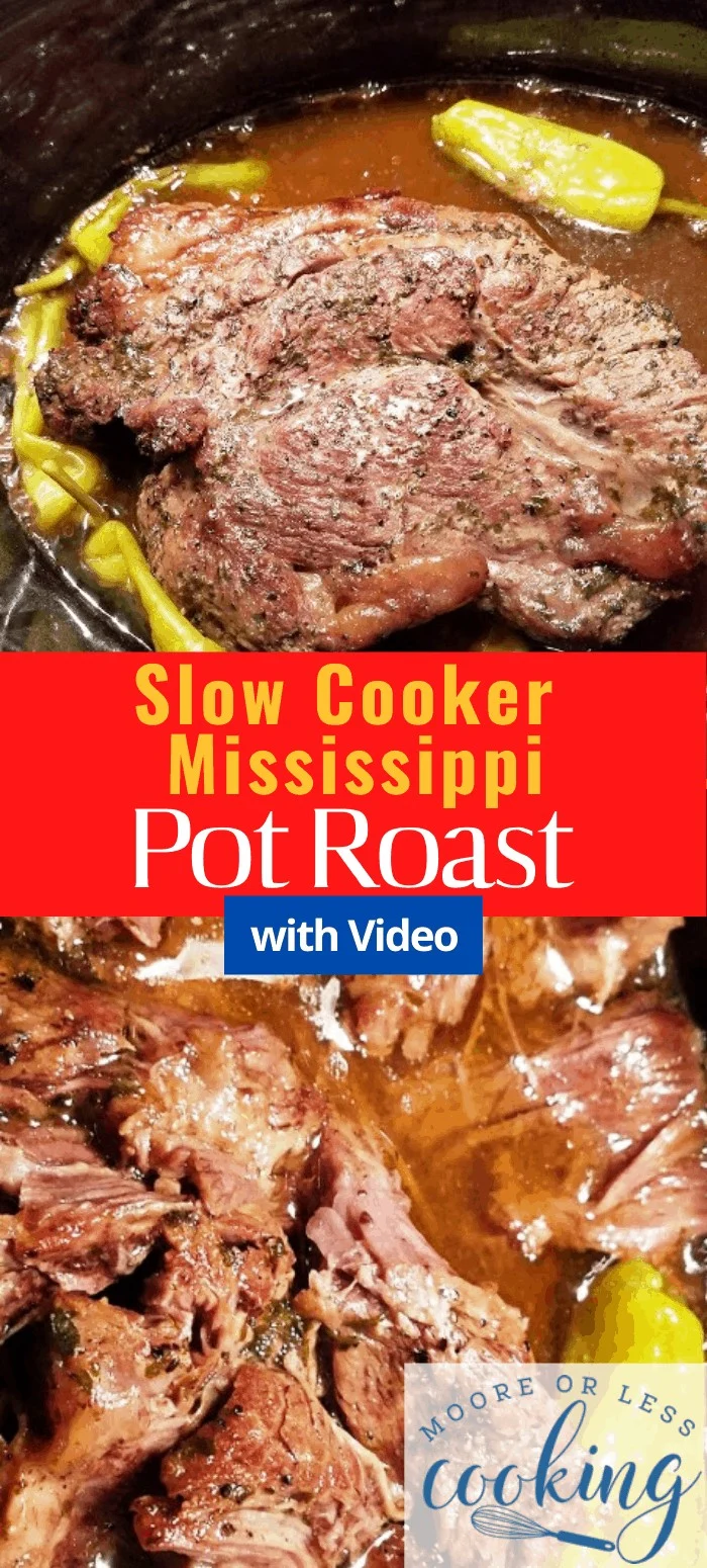 2 images pin whole beef roast Slow Cooker Mississippi Pot Roast, shredded beef