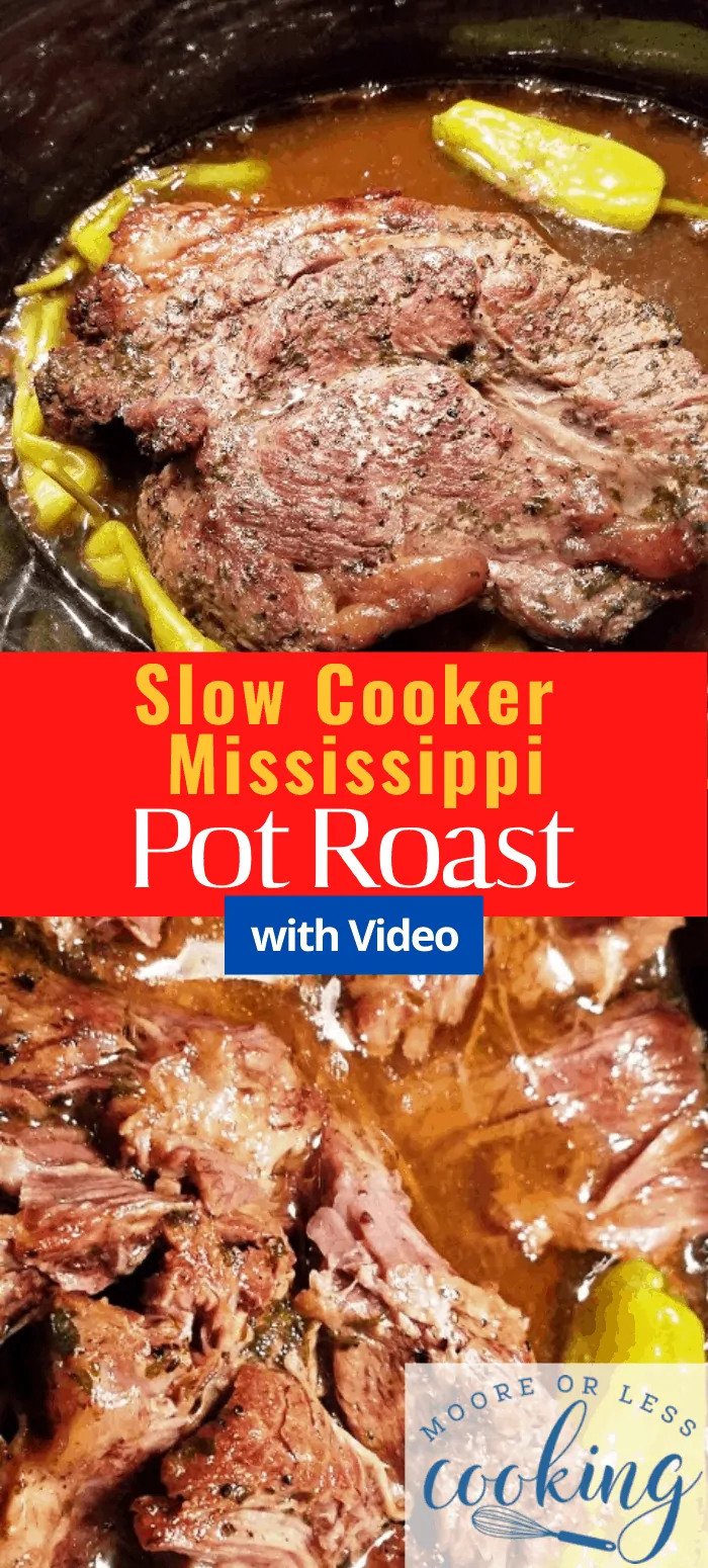 2 images pin whole beef roast Slow Cooker Mississippi Pot Roast, shredded beef