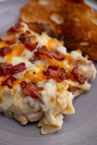 upclose shot of slice of Chicken Bacon Ranch Casserole