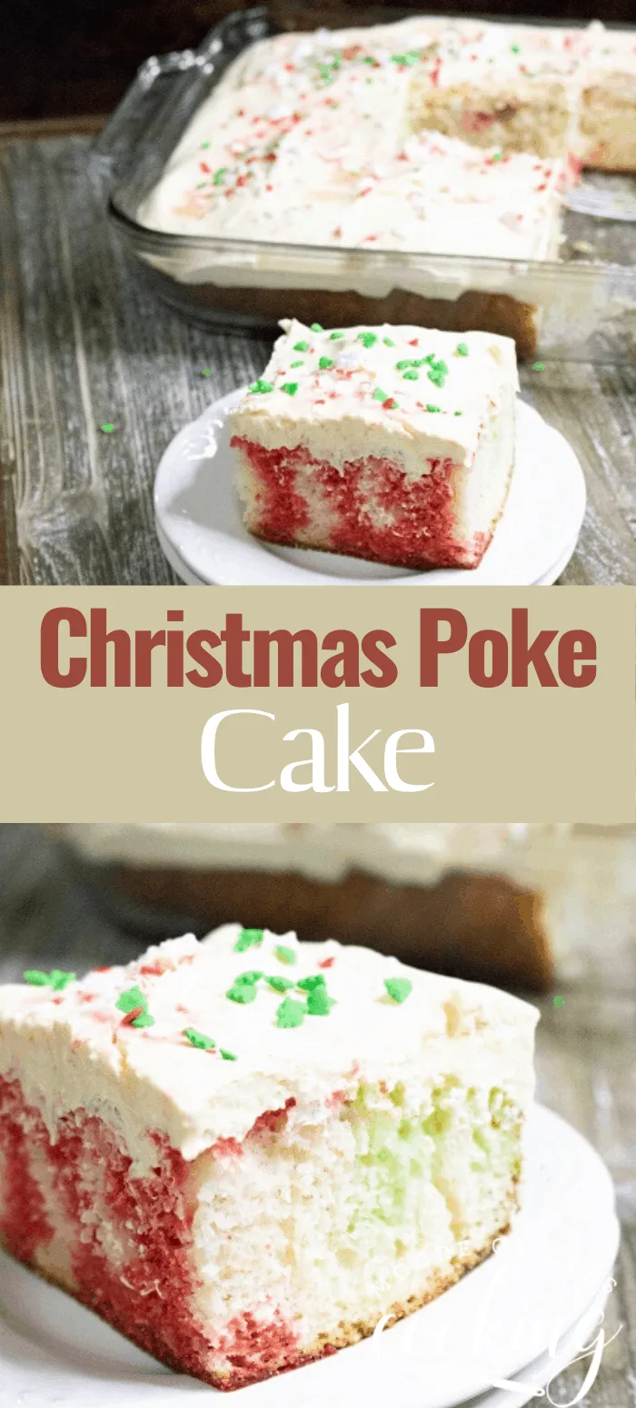 Festive and delicious Christmas Poke Cake. Delight your friends and family with this beautiful and yummy cake. #mooreorlesscooking #Christmas #cake #pokecake via @Mooreorlesscook