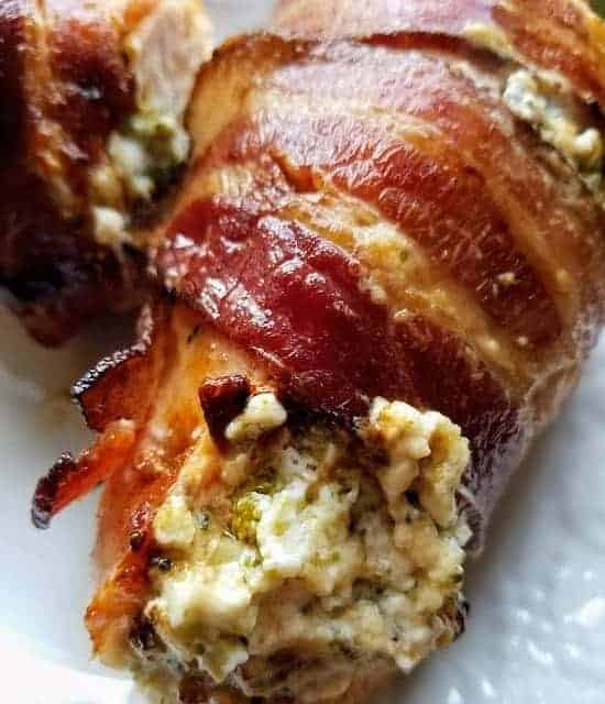 close up on plate Keto Stuffed Bacon Wrapped Chicken