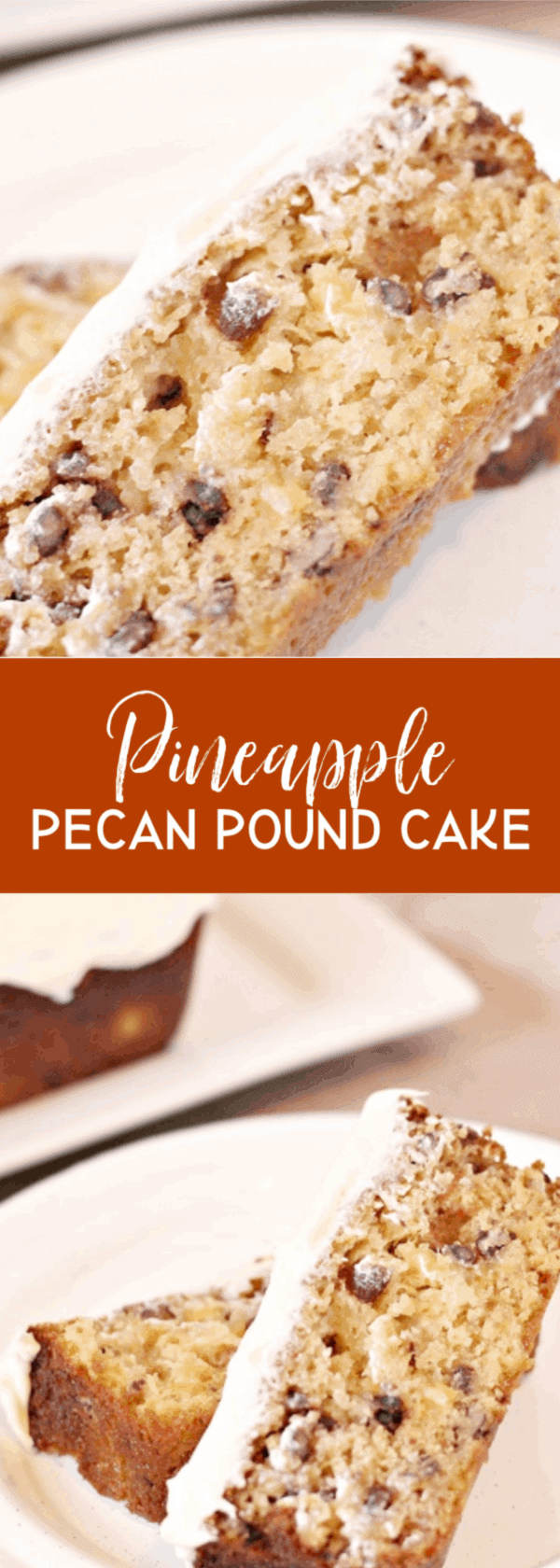 Flavorful and moist pineapple pecan pound cake with juicy, tart pineapple and crunchy pecans topped with a cream cheese frosting. via @Mooreorlesscook