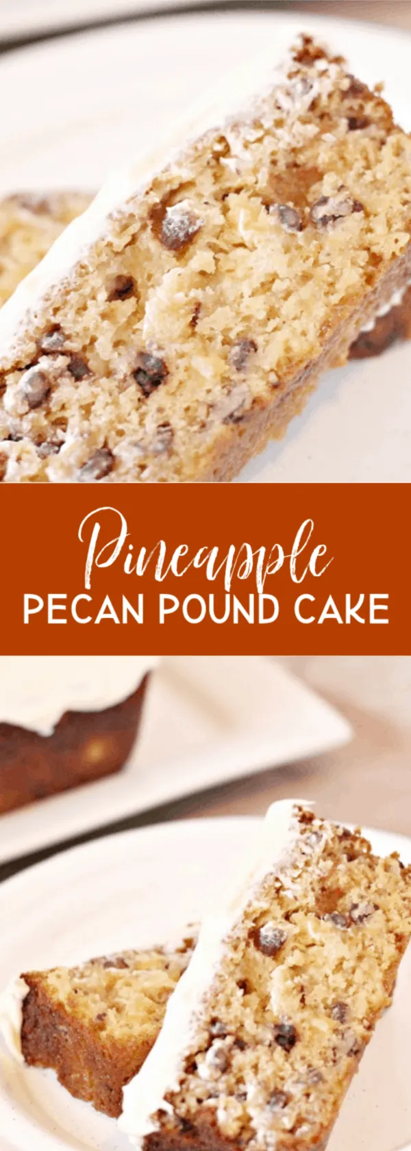 Flavorful and moist pineapple pecan pound cake with juicy, tart pineapple and crunchy pecans topped with a cream cheese frosting. via @Mooreorlesscook