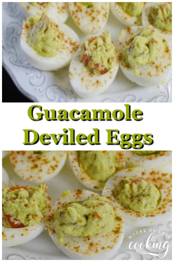 These melt in your mouth Guacamole Deviled Eggs combine the richness of spice and avocado with an old-time favorite. via @Mooreorlesscook