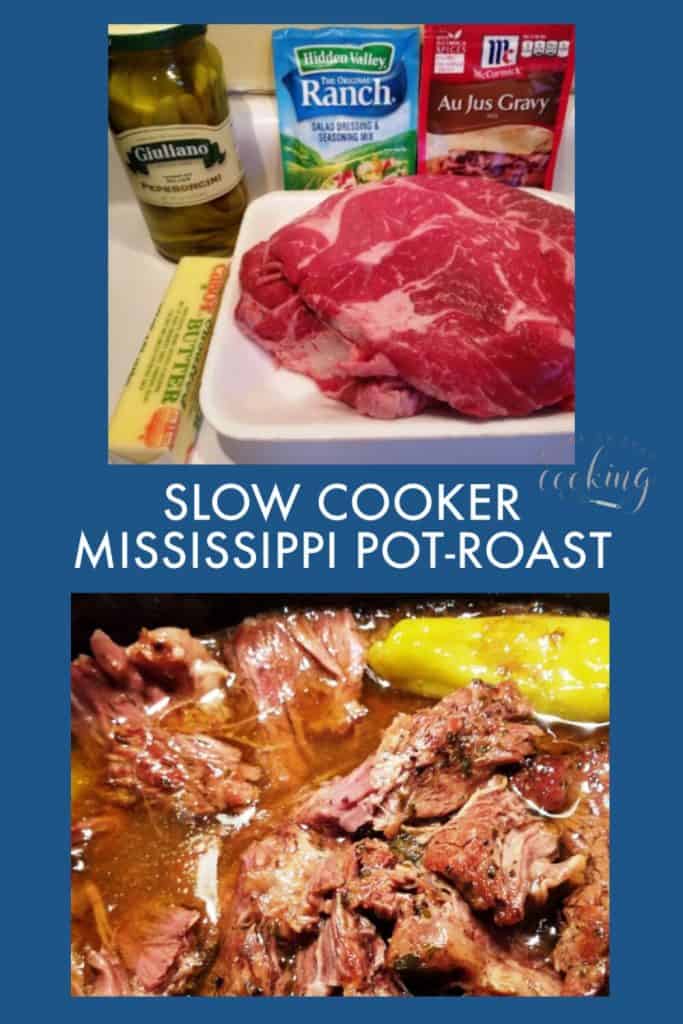 pin of ingredients and roast Slow Cooker Mississippi Pot Roast 
