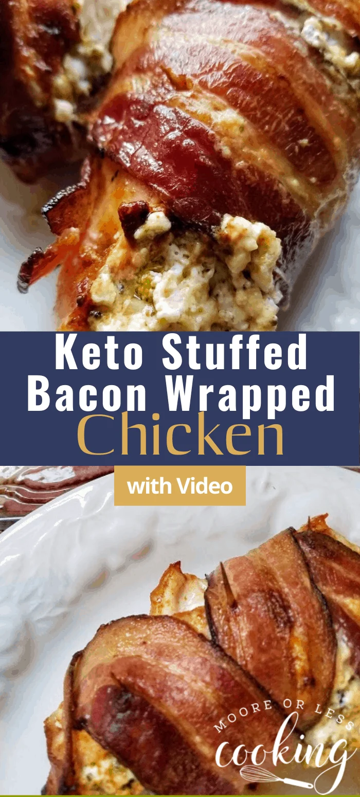 Incredibly moist and flavorful Keto Stuffed Bacon Wrapped Chicken. Broccoli and cheese stuffed chicken wrapped in smoky crispy bacon. via @Mooreorlesscook