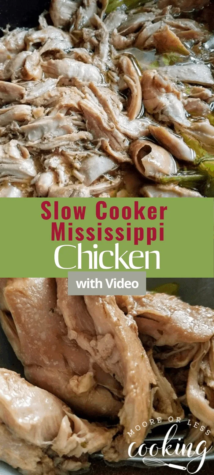 The Easiest Slow Cooker Mississippi Chicken recipe! #mooreorlesscooking #slowcooker #crockpot #chicken #dinner via @Mooreorlesscook