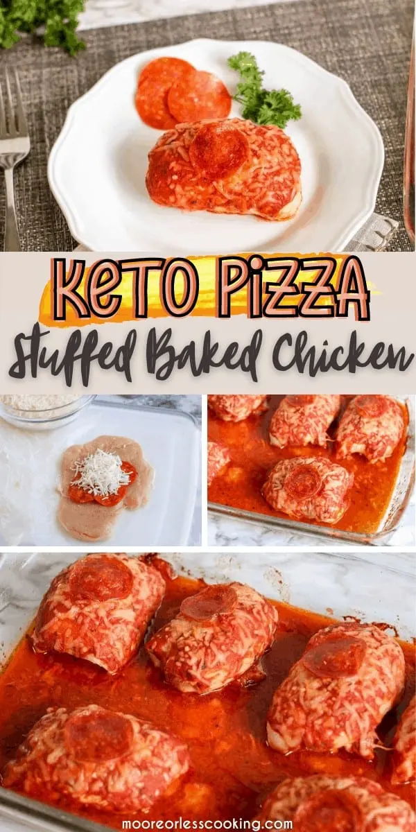 Keto Pizza Stuffed Chicken is all of the flavors of pizza and chicken but Low Carb Keto! #ketochicken #chicken #pizzastuffedchicken #lowcarb #mooreorlesscooking via @Mooreorlesscook