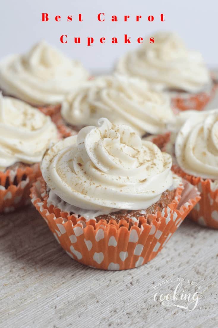 The best carrot cake recipe in cupcake form. No need to slice or share a big cake, just grab and eat a delicious cupcake. #mooreorlesscooking #cupcake #carrotcakecupcake #dessert via @Mooreorlesscook