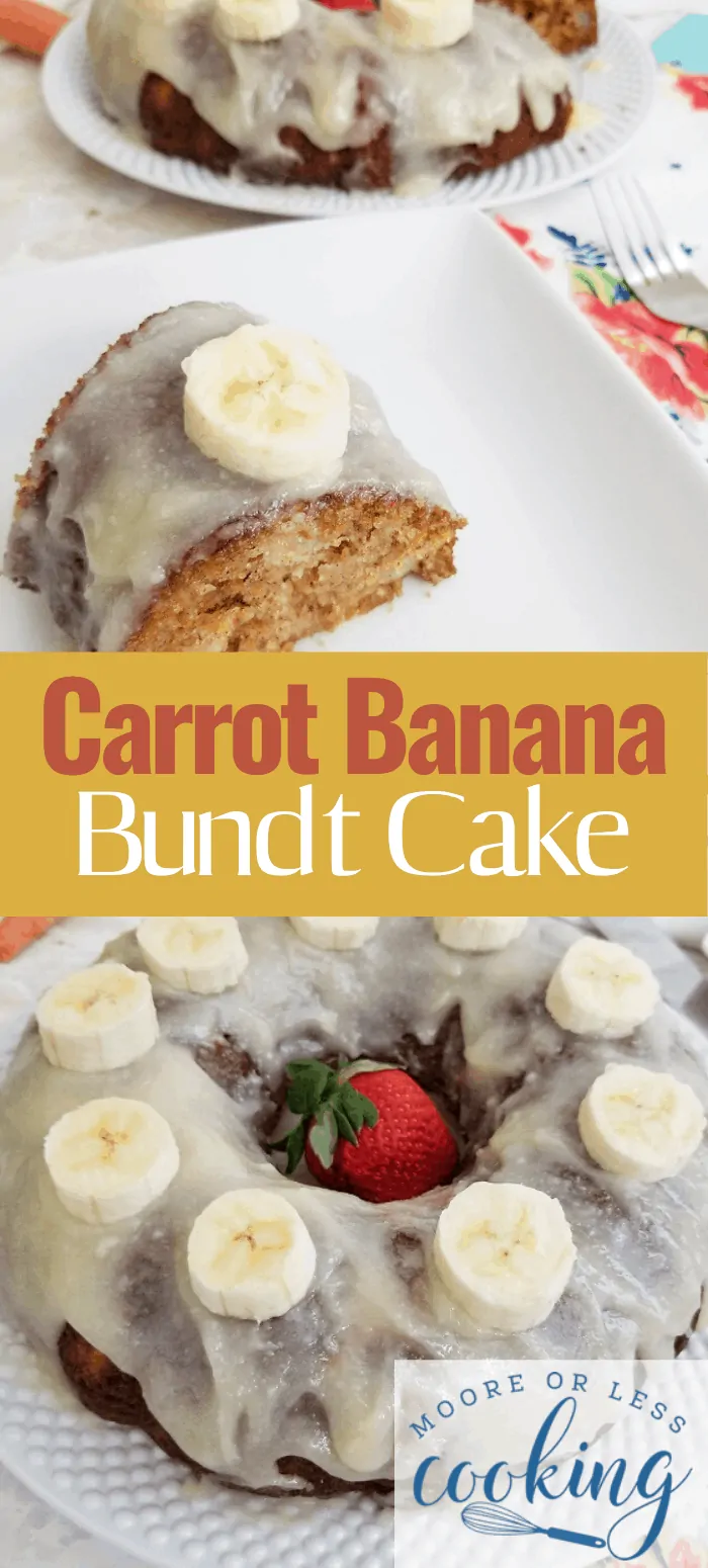 This moist and delicious Carrot Banana Bundt Cake is by far the easiest recipe, it’s also perfect for using up bananas which are getting too ripe as it makes the cake a little sweeter and so moist and flavorsome, it’ll keep for a couple of days. #carrotbananabundtcake #cake #mooreorlesscooking via @Mooreorlesscook