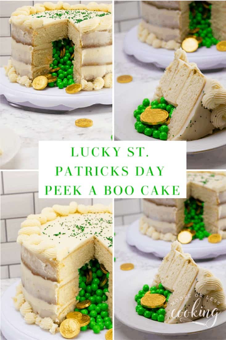 A lucky and delicious surprise for St. Patrick's Day! St. Patrick's Day Peek a Boo Cake is a 3 layer soft and fluffy cake filled and decorated with the most precious gold and green goodies! #mooreorlesscooking #stpatricksdaycake #luckycake #stpatricksday #dessert via @Mooreorlesscook
