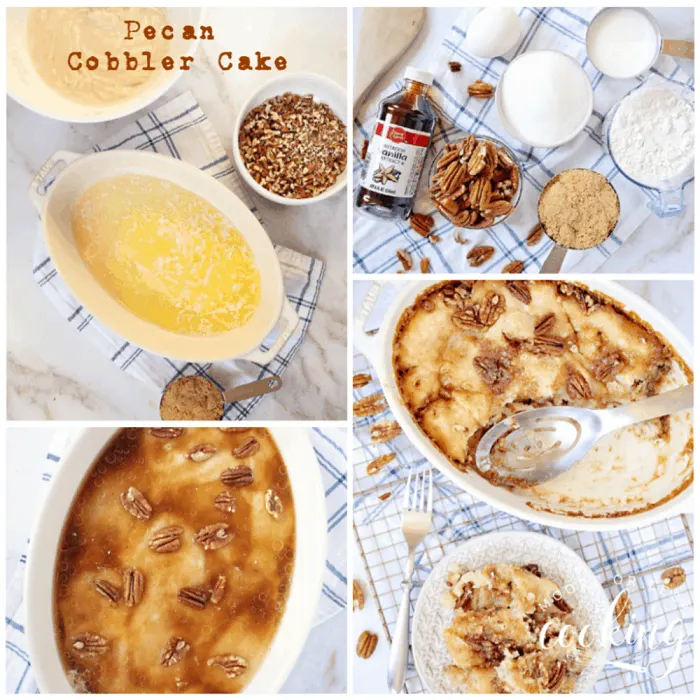 Pecan Cobbler Cake is a pecan pie lovers dessert in the form of a cake. #pecancobblercake #cobbler #cake #pecan #dessert #mooreorlesscooking via @Mooreorlesscook