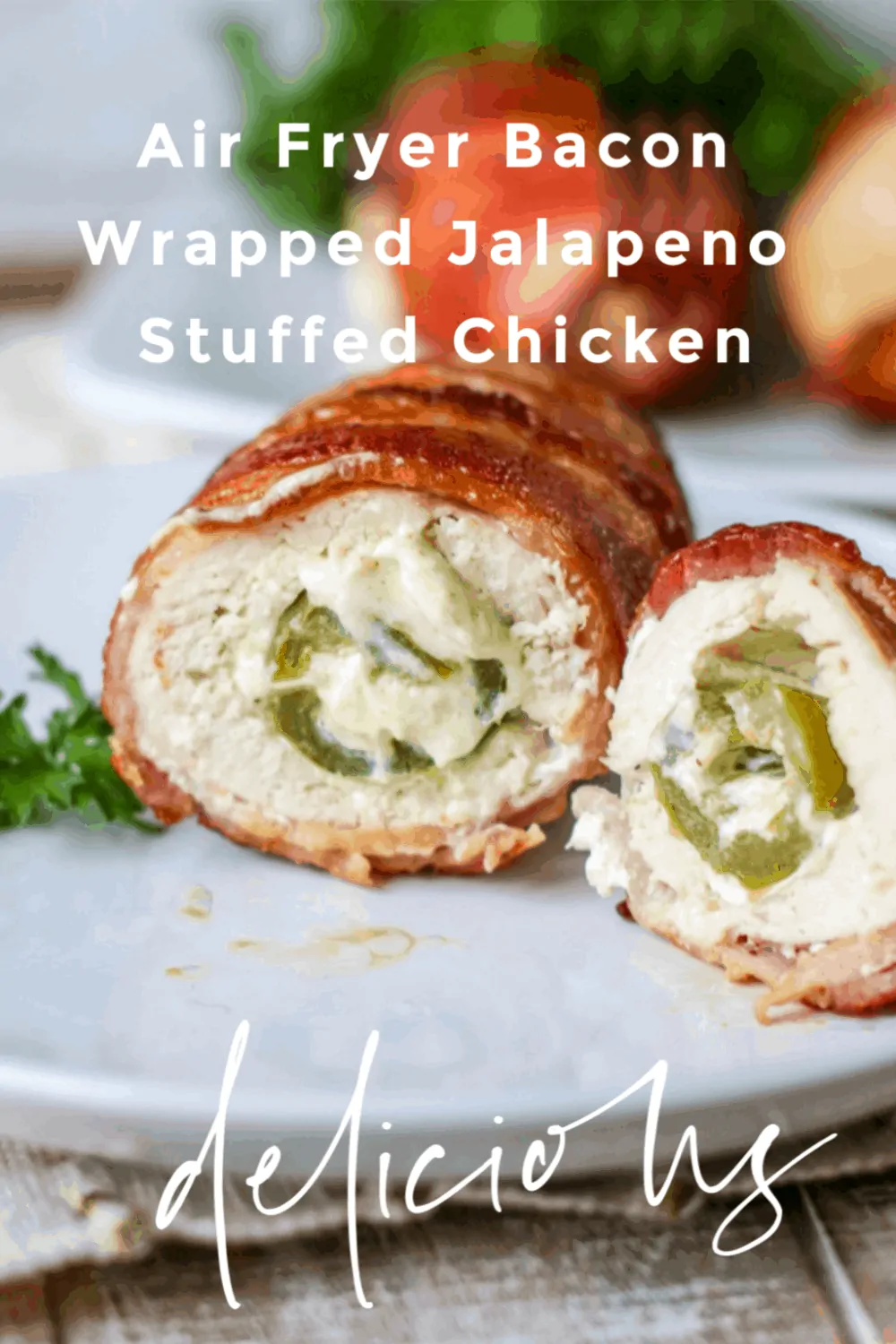 Air Fryer Bacon Wrapped Jalapeno Stuffed Chicken is a cinch to make in Air Fryer. Flavorful Stuffed chicken breast filled with cheesy jalapenos wrapped in crispy bacon. #airfryer #airfryerbaconwrappedjalapenostuffedchicken #stuffedchicken #dinner #entree #keto #lowcarb via @Mooreorlesscook