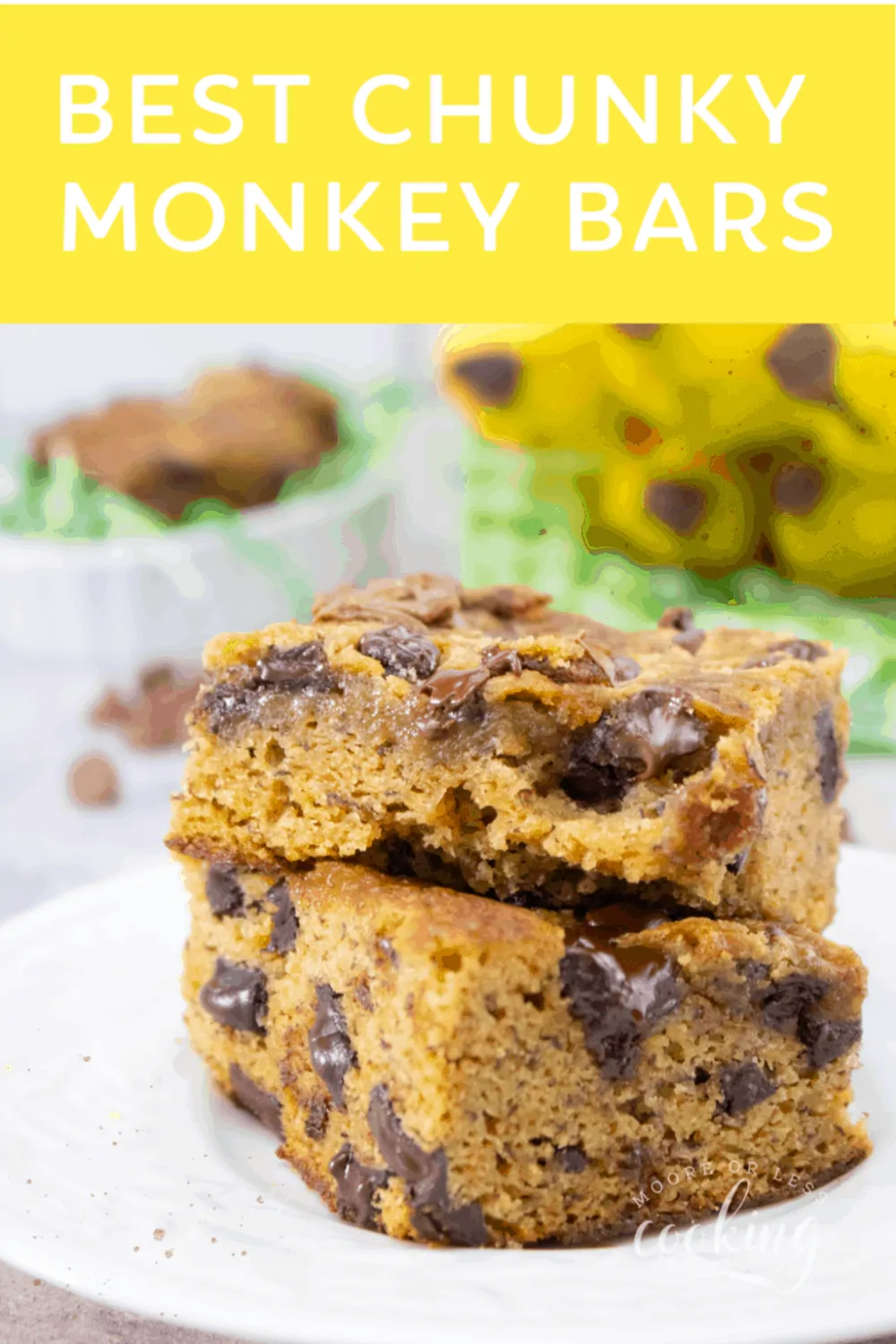 Best Chunky Monkey Bars. This is one of the best ways to use up those ripe bananas sitting on the counter. #cookiebars #banana #chocolate #dessertbar #mooreorlesscooking  via @Mooreorlesscook