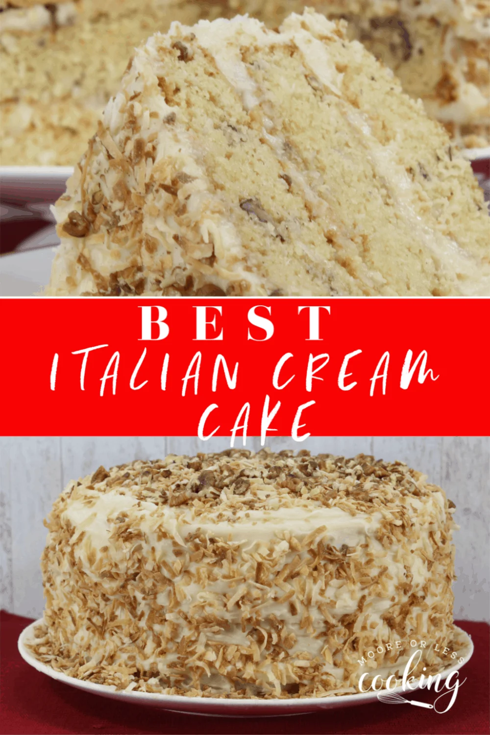 Italian Cream Cake~ This show stopper cake has 3-layers of the moistest, delicious cake that is made with toasted coconut, pecans, and a fluffy cream cheese frosting.  #mooreorlesscooking #Italiancake #creamcake #cake #pecans #coconut via @Mooreorlesscook