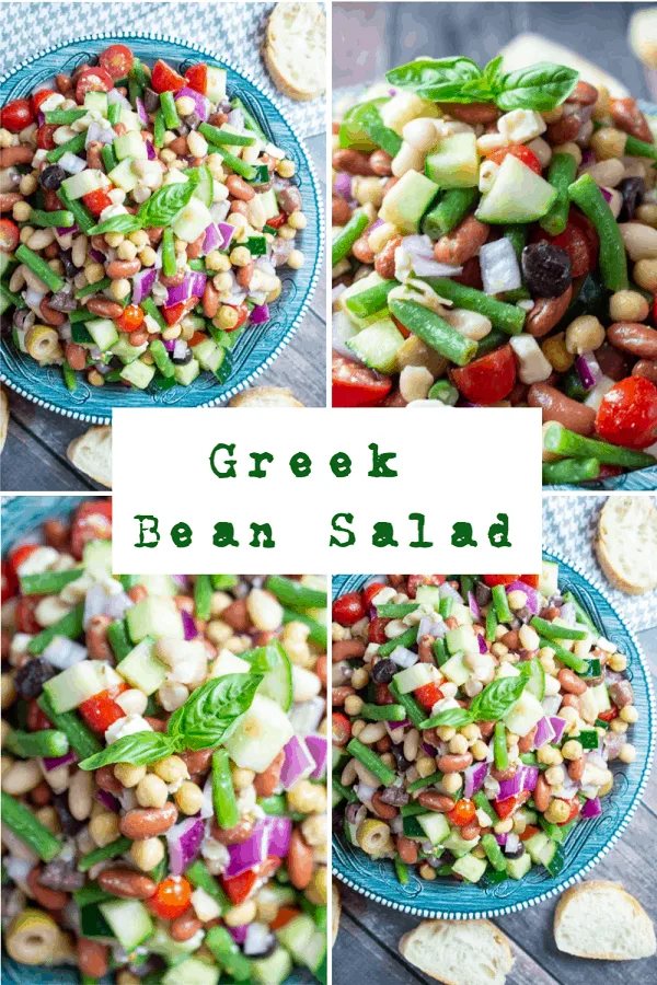 #ad This post is sponsored by the United Soybean Board through Kitchen PLAY. Greek Bean Salad has 4 types of beans, lots of veggies, feta cheese, and is topped with a light zesty dressing. Delicious as a side dish to a meal or even as lunch with toasted baguette or pita. #Greekbeansalad #soybeanoil #soy #vegetableoil #mooreorlesscooking via @Mooreorlesscook
