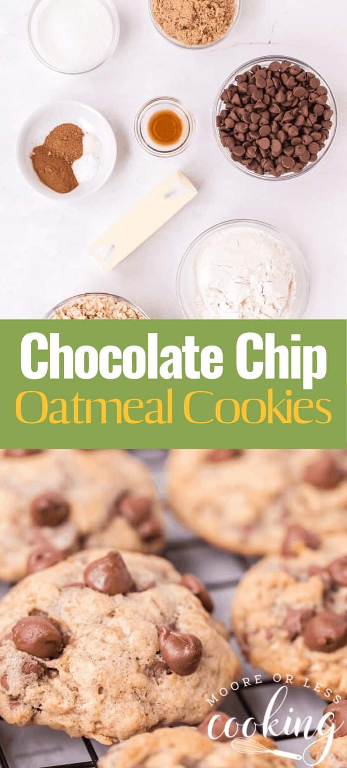 These Chocolate Chip Oatmeal Cookies are seriously the most delicious, best cookies hands down. A glass of milk and a couple of these yummy cookies are a wonderful treat. via @Mooreorlesscook