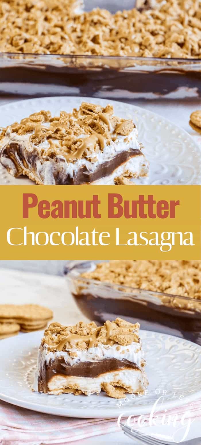 Peanut Butter Chocolate Lasagna. Dreamy and easy Peanut Butter Lasagna has all the dessert flavors you need! A Nutter Butter crust, sweet cream cheese filling, and chocolate pudding are all kinds of perfection. via @Mooreorlesscook