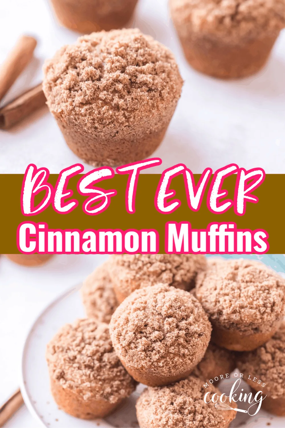 Best Cinnamon Muffins Ever! These Best Ever Cinnamon Muffins have a cinnamon sugar streusel topping. These fluffy moist muffins are so quick to make!  Recipe makes 12 muffins so share them with your friends and family! via @Mooreorlesscook