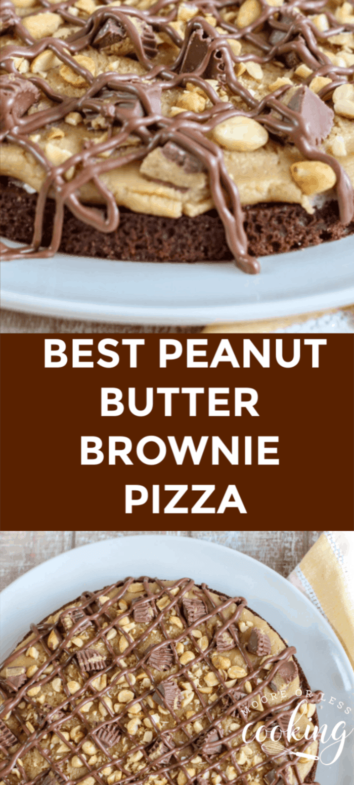 Peanut Butter Brownie Pizza is one of the best kind of pizza ever made. This pizza is made with a brownie crust, a creamy peanut butter middle, lots of chocolate, crushed peanuts and a peanut butter cup topping. via @Mooreorlesscook
