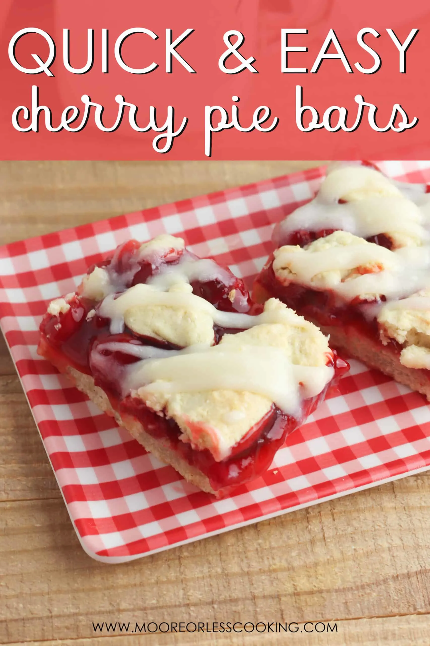 Quick and Easy Cherry Pie Bars! If you’re craving a piece of cherry pie, but making a pie crust from scratch is out of the question, you’re going to love this dessert! These simple cherry pie bars have all the flavor of cherry pie without all the hard work. via @Mooreorlesscook