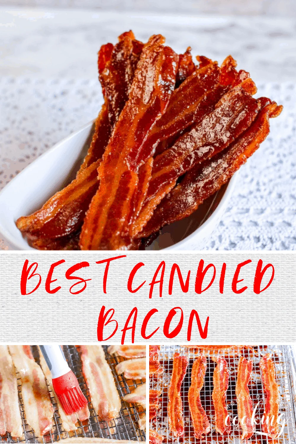 The Best Candied Bacon~ crispiest, sweetest, and delicious bacon recipe ever! It’s not just for breakfast, add it to sandwiches, salads, appetizers, and desserts! via @Mooreorlesscook
