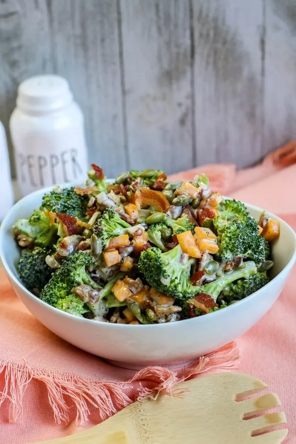 This is the Best Broccoli Bacon Salad ever! Fresh ingredients make this best broccoli salad perfect as a main course or side salad for any meal. It’s keto/low carb too! via @Mooreorlesscook