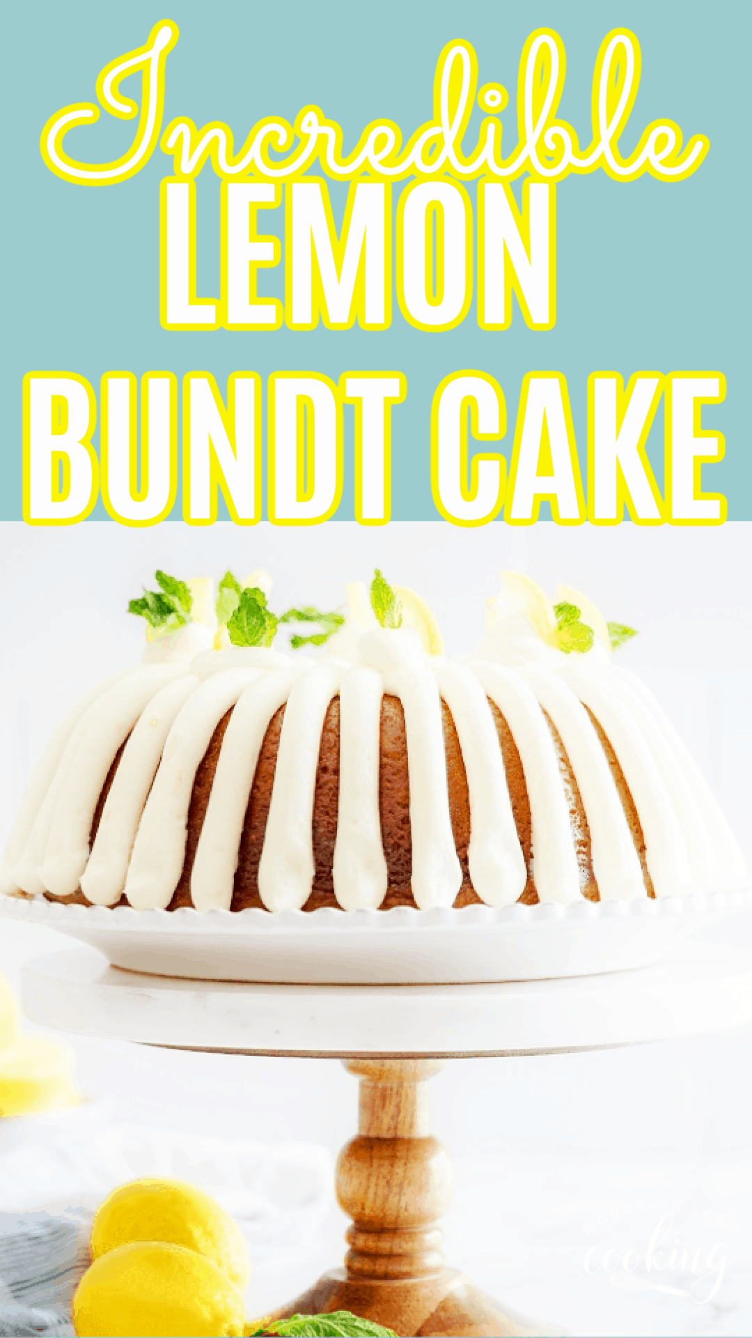 Incredible lemon bundt cake is bursting with lemon flavor throughout. Completely made from scratch drizzled with lemon cream cheese frosting and a lemon glaze sauce over the cake. via @Mooreorlesscook