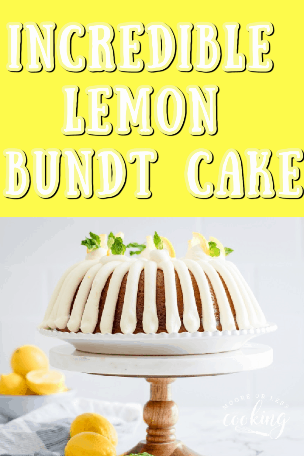 Incredible lemon bundt cake is bursting with lemon flavor throughout. Completely made from scratch drizzled with lemon cream cheese frosting and a lemon glaze sauce over the cake. via @Mooreorlesscook