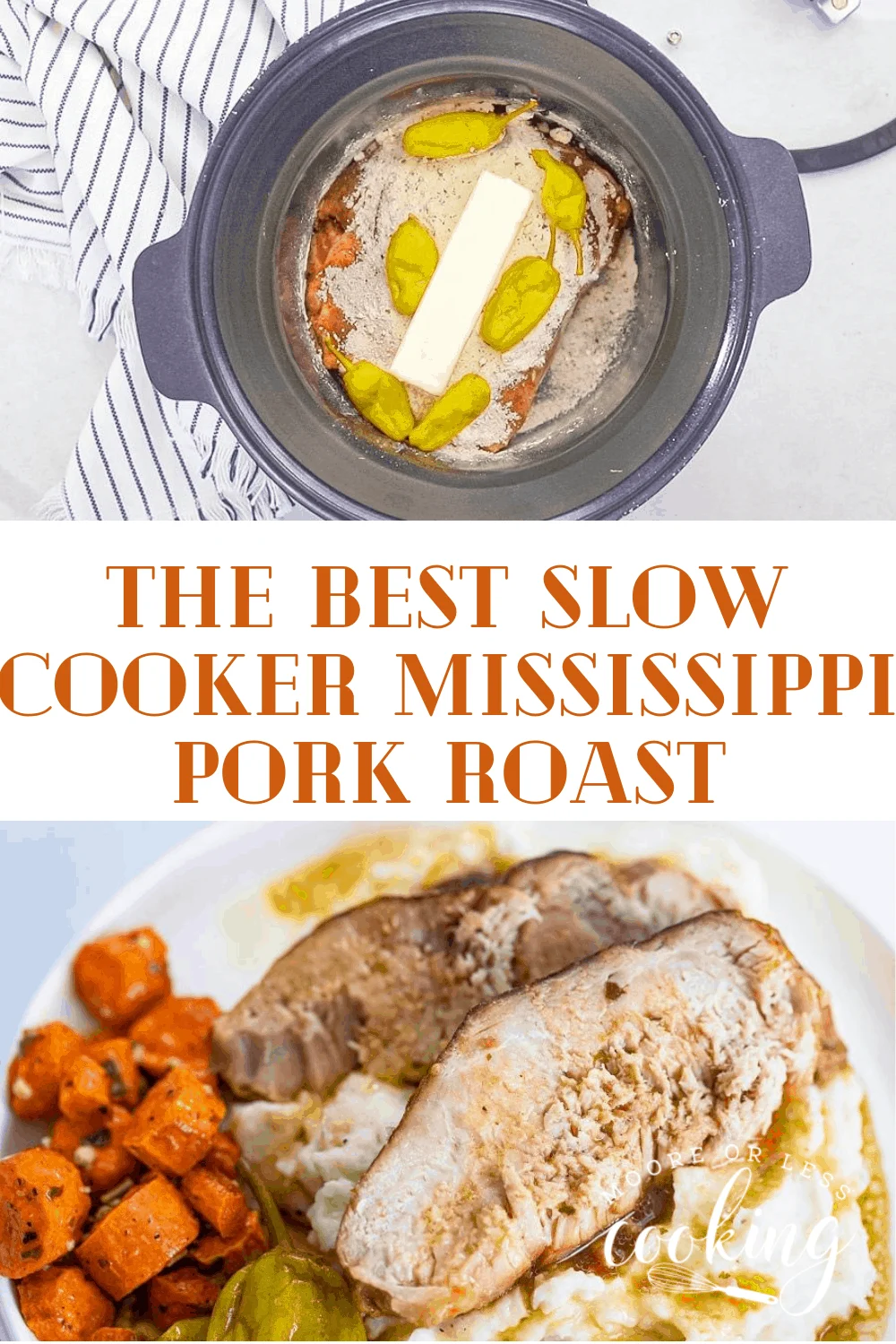 Slow Cooker Mississippi Pork Roast is the most simple meal that is made in the slow cooker/crockpot. Just set it and forget it for a tender to the touch pork roast that is incredibly flavorful and melts in your mouth delicious. This Slow Cooker roast is savory, sweet, and spicy. Takes only 5 minutes to prep and can be paired with tons of sides.  via @Mooreorlesscook