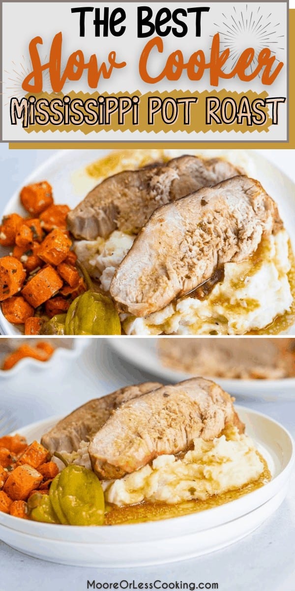 Slow Cooker Mississippi Pork Roast is the most simple meal that is made in the slow cooker/crockpot. Just set it and forget it for a tender to the touch pork roast that is incredibly flavorful and melts in your mouth delicious. This Slow Cooker roast is savory, sweet, and spicy. Takes only 5 minutes to prep and can be paired with tons of sides.  via @Mooreorlesscook