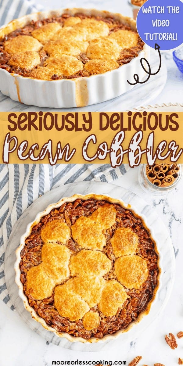 Pecan Cobbler is just like an amazing pecan pie that only takes half the time to bake. With it’s ooey-gooey, deliciously sweet pecan filling and it’s super easy biscuit crust, it will be your favorite holiday dessert! via @Mooreorlesscook